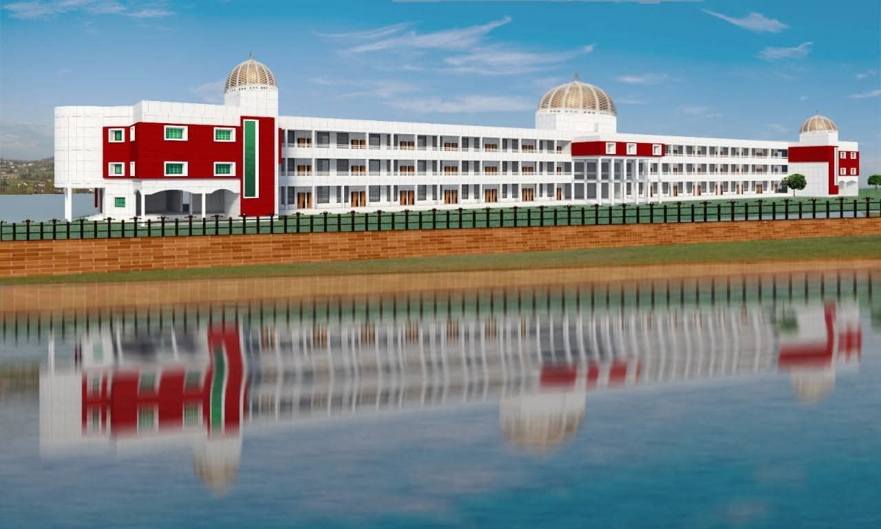 School campus — front elevation reflected in the water