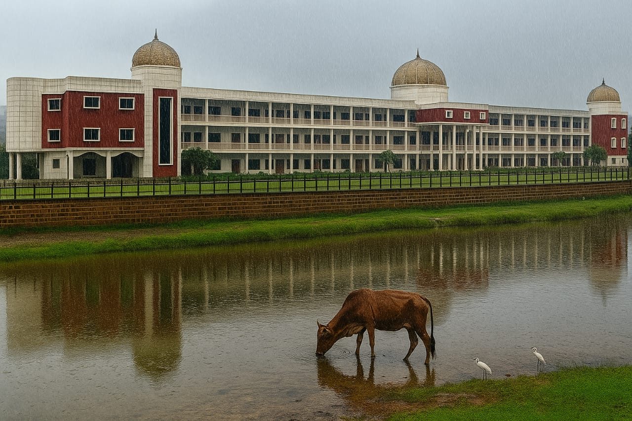 School campus — misty morning view