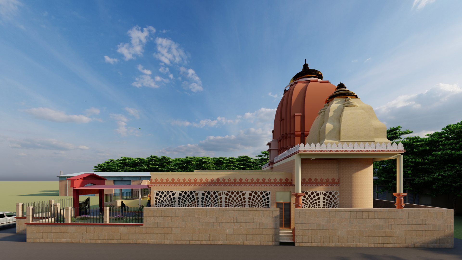 Shiv Mandir — entrance path and jali screen