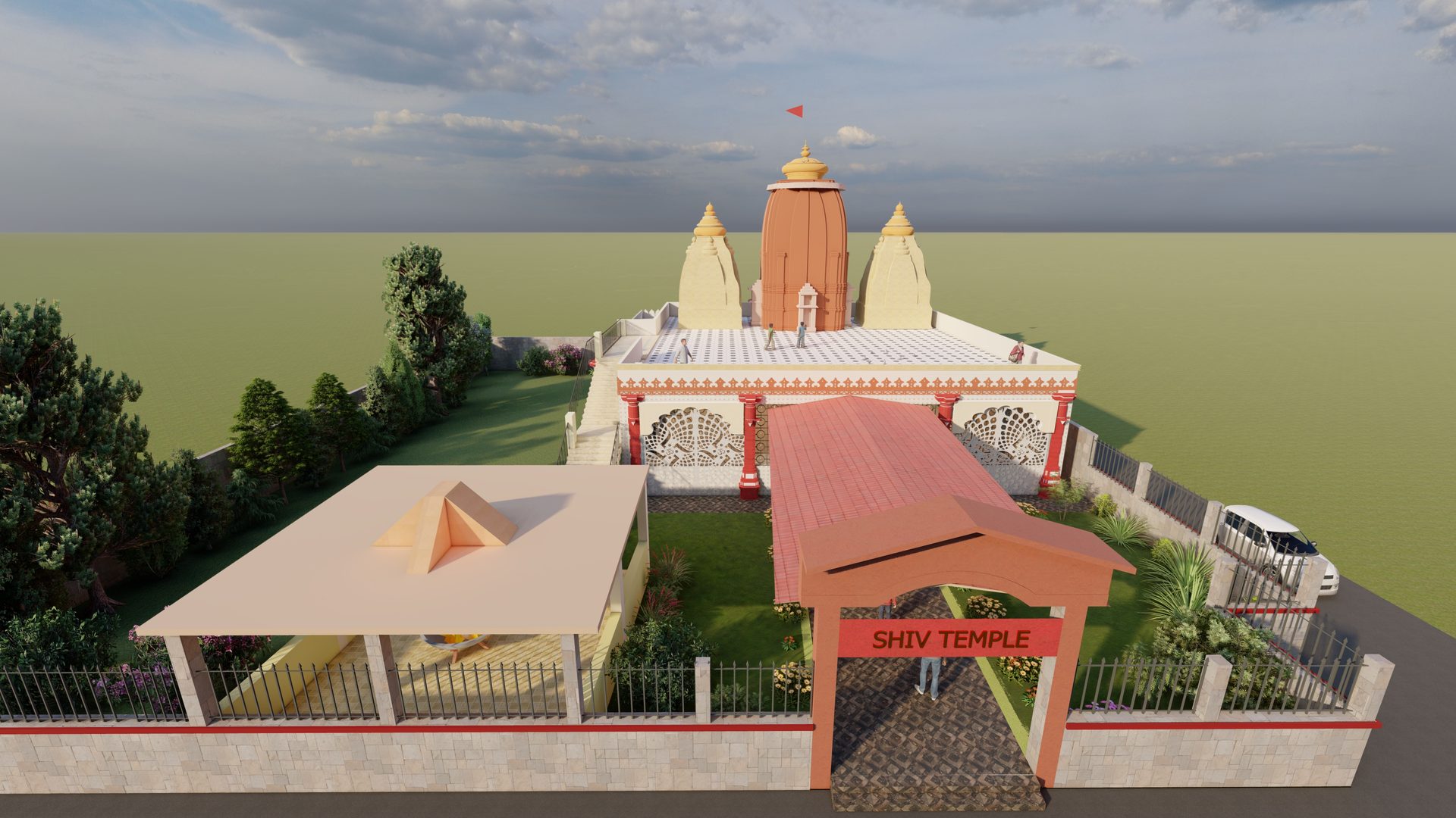 Shiv Mandir — garden view of the full complex